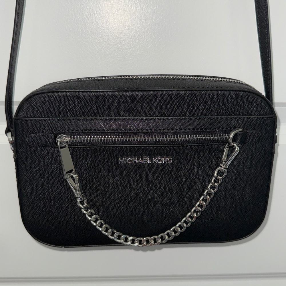 Michael Kors Jet Set Saffiano leather Black Crossbody with Silver Chain